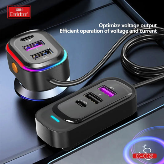 Earldom CC26 RGB 6-in-1 66W Car Charger with Extension Cable
