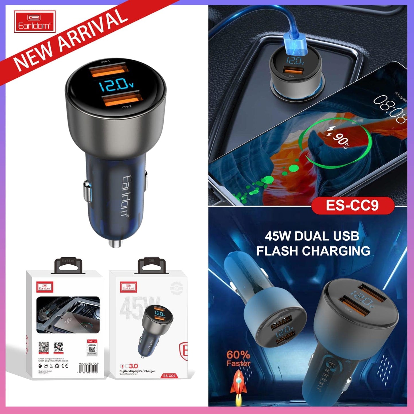 Earldom CC9 45W Digital Display Fast Car Charger