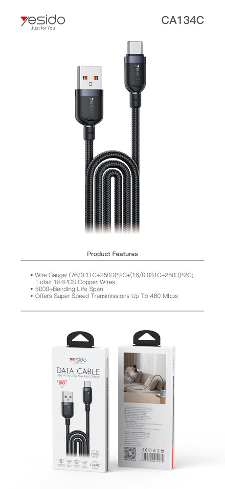 YESIDO 3 Metre USB‑A to Type‑C Fast Charging Cable 18W