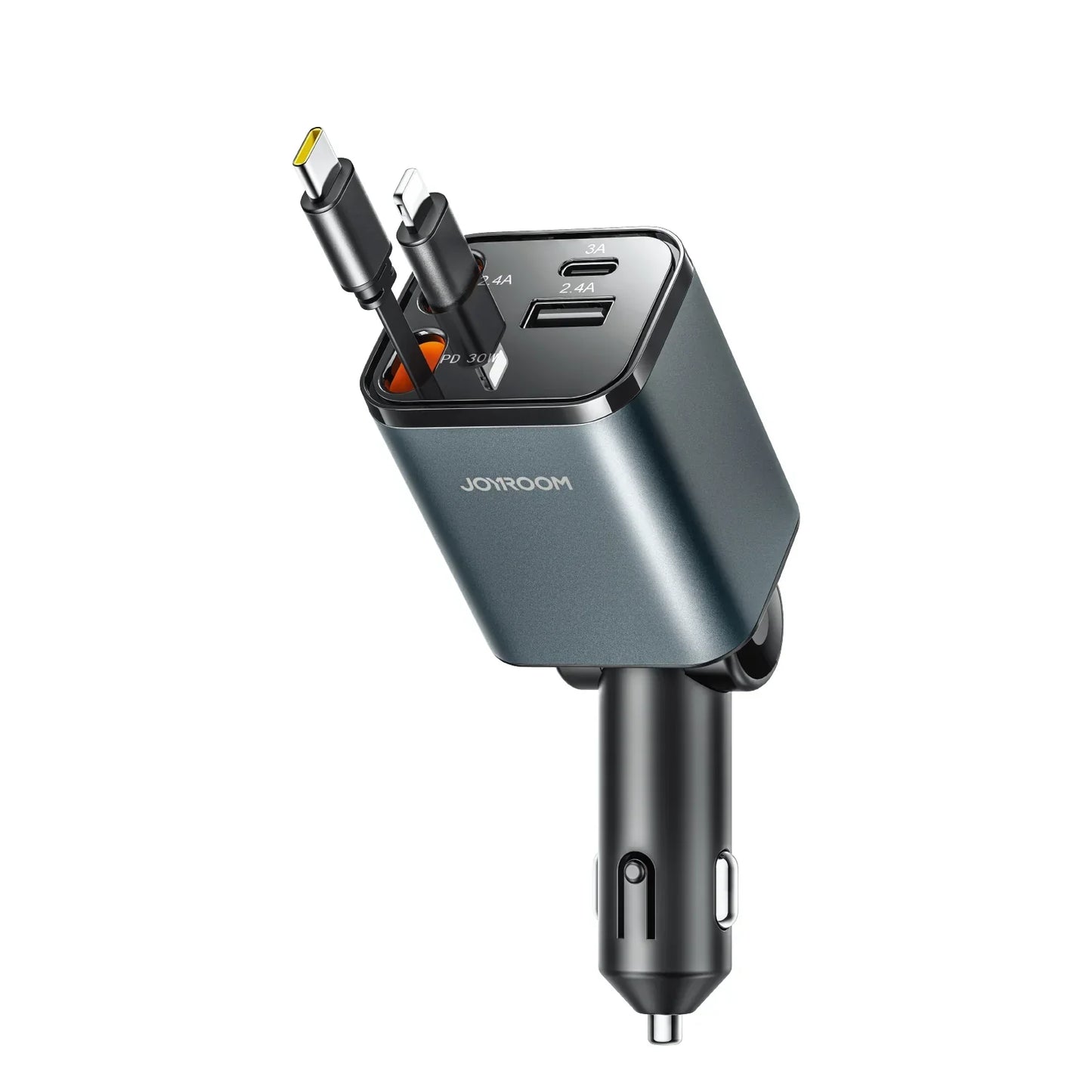 Joyroom 30W 4-in-1 Retractable Car Charger with USB‑C, Lightning, Micro‑USB