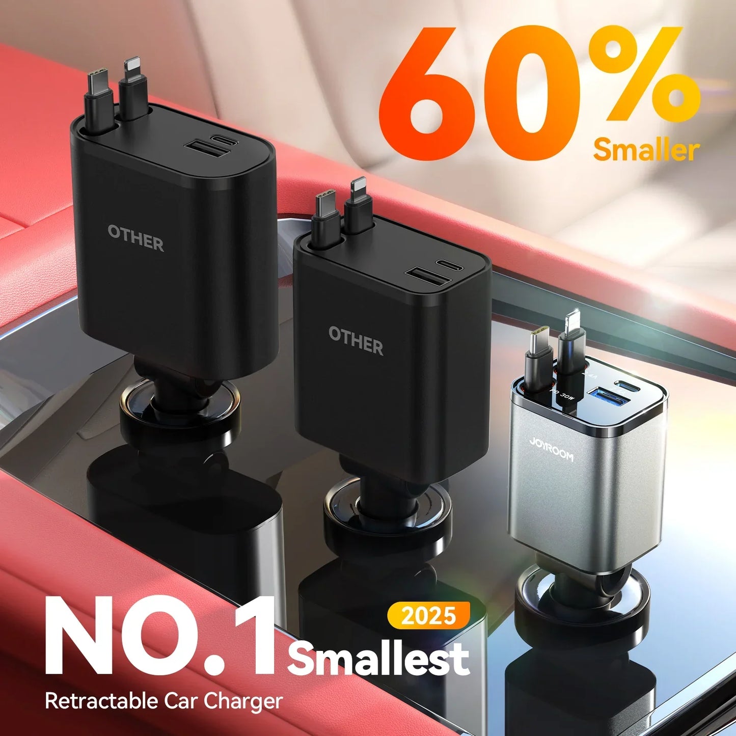 Joyroom 30W 4-in-1 Retractable Car Charger with USB‑C, Lightning, Micro‑USB