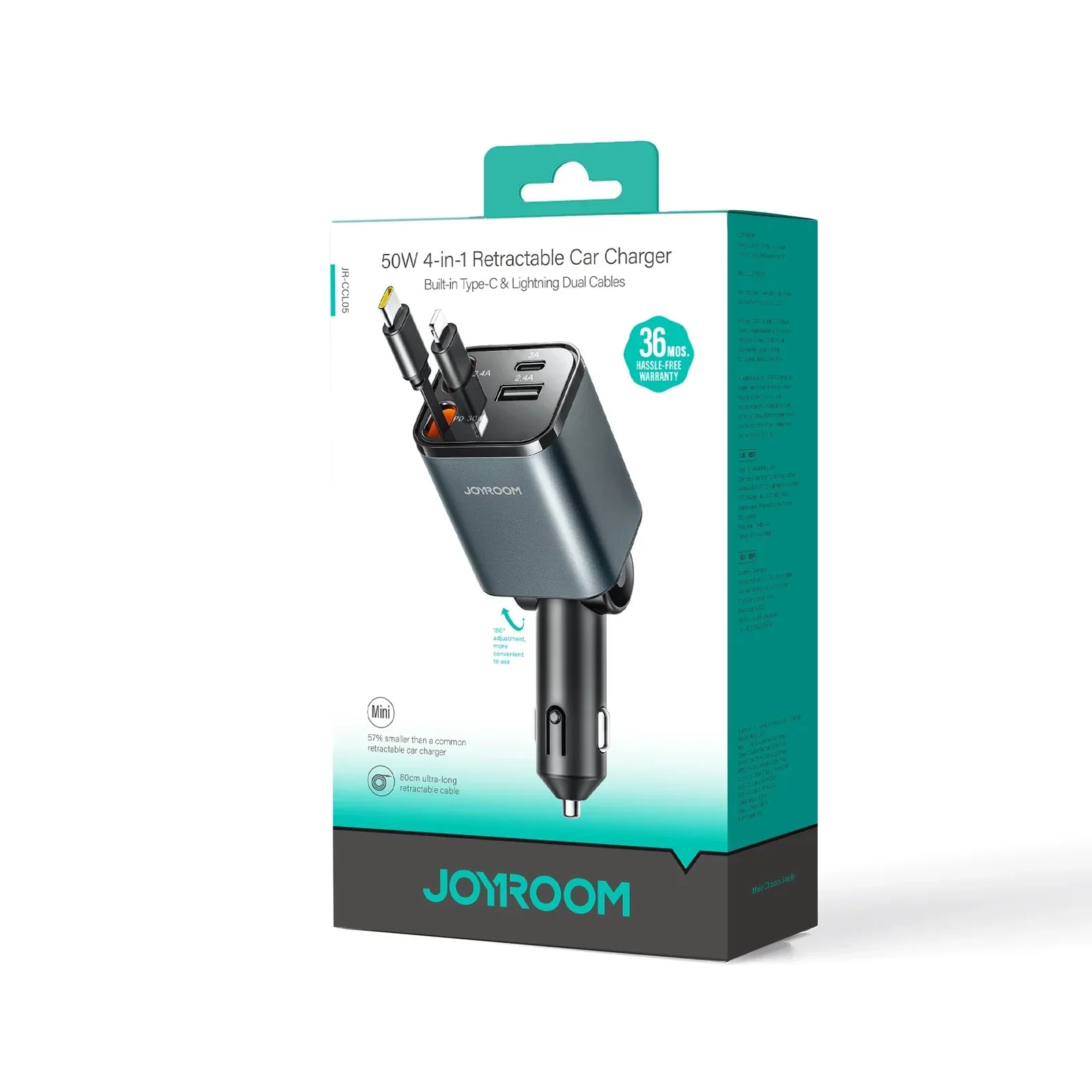 Joyroom 30W 4-in-1 Retractable Car Charger with USB‑C, Lightning, Micro‑USB