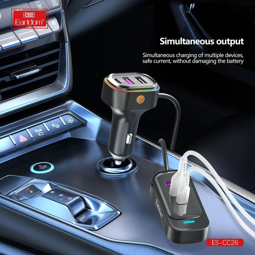 Earldom CC26 RGB 6-in-1 66W Car Charger with Extension Cable