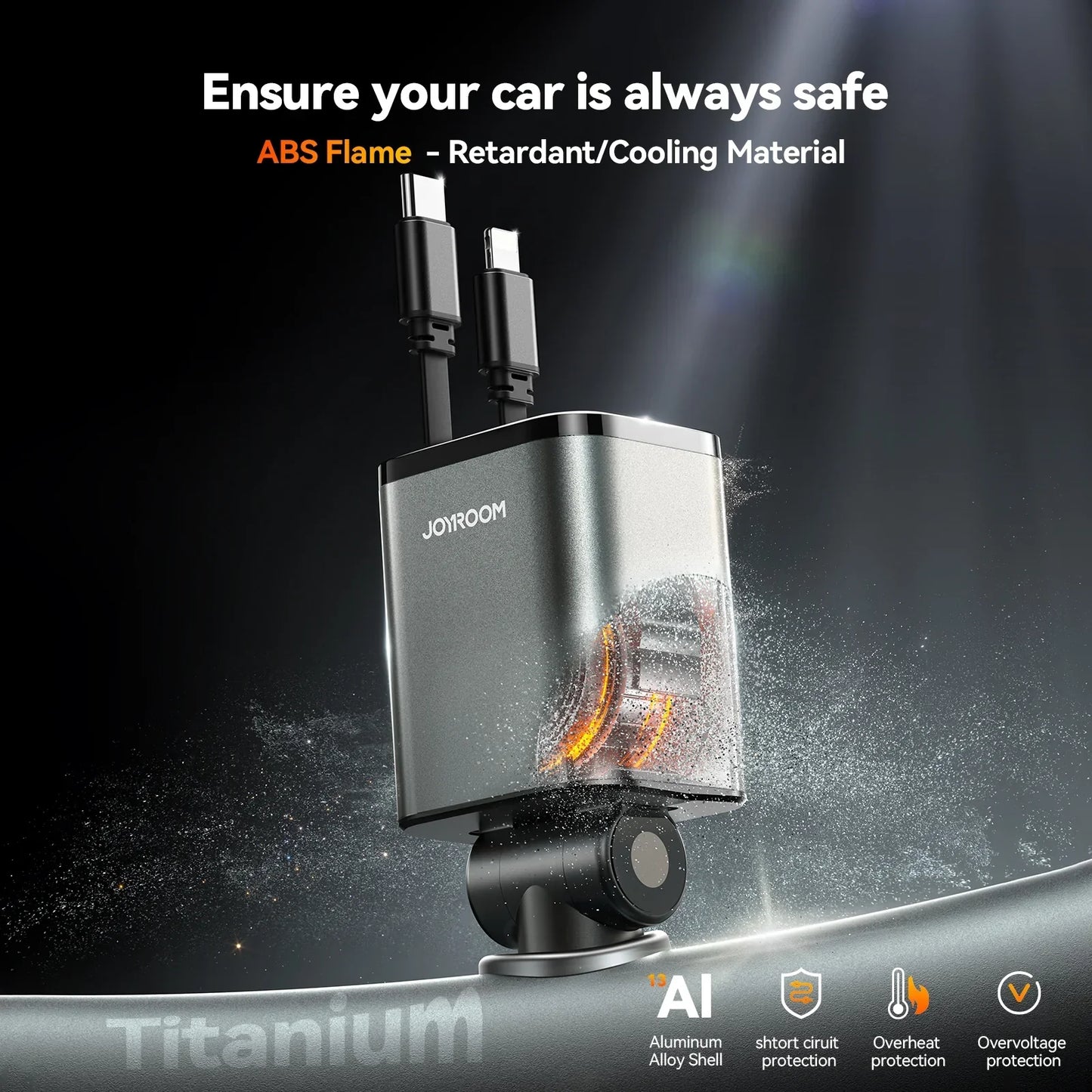 Joyroom 30W 4-in-1 Retractable Car Charger with USB‑C, Lightning, Micro‑USB