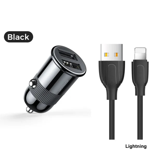 High-Speed 3.1A Dual USB Car Charger with Cable Black