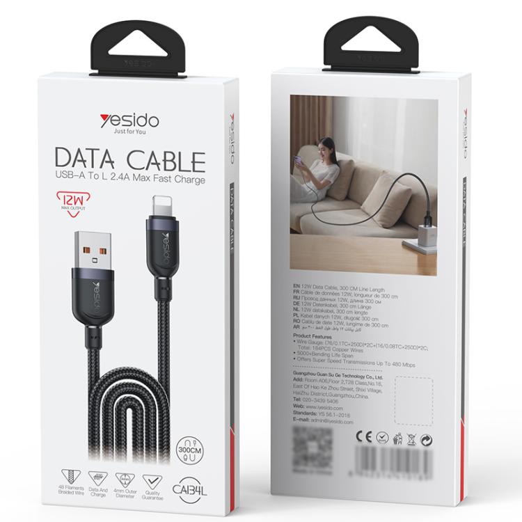 Yesido 3M USB-A to Lightning Cable 12W Fast Charging Black
