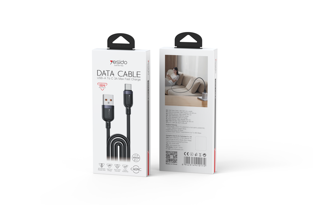 YESIDO 3 Metre USB‑A to Type‑C Fast Charging Cable 18W