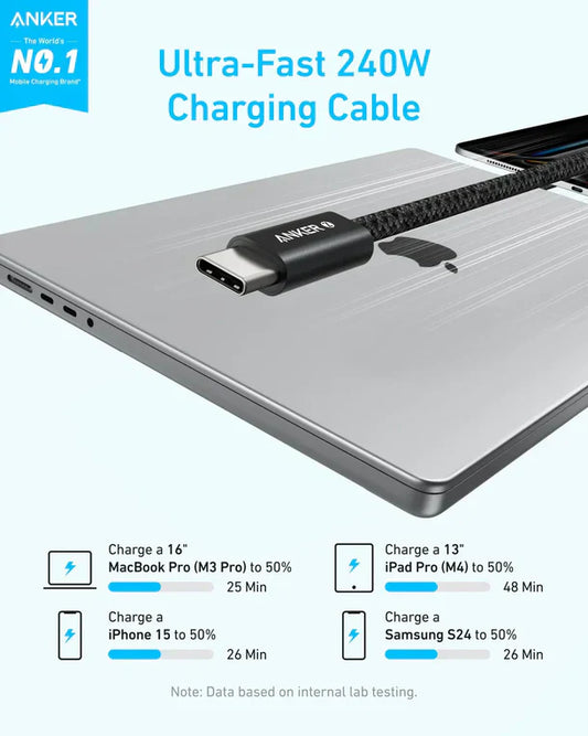 Anker USB-C to USB-C 240W Braided Cable 6ft Black for Fast Charging