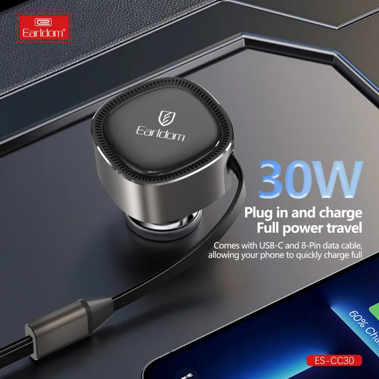 Earldom 30W Retractable USB‑C Car Charger with Fast Charging